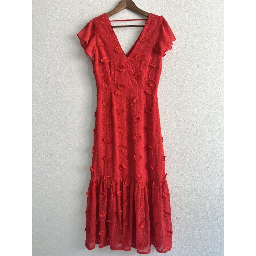 La Maison Talulah Embroidered Floral V Neck Flutter Sleeve Midi Dress Red Sz S